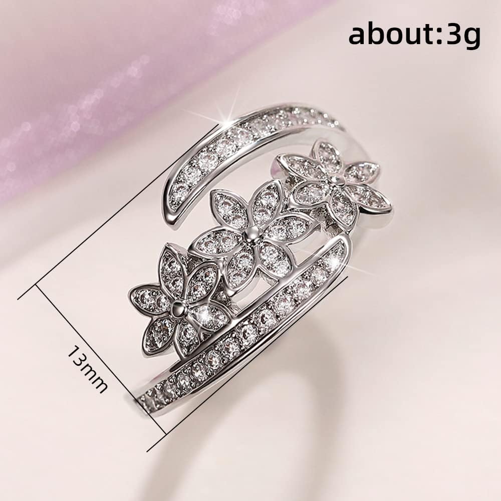 Opening 925 Sterling Silver Niche Design Flower Ring Female Ring for Women Silver Full CZ Statement Ring Cubic Zirconia Open Flower Cocktail Rings