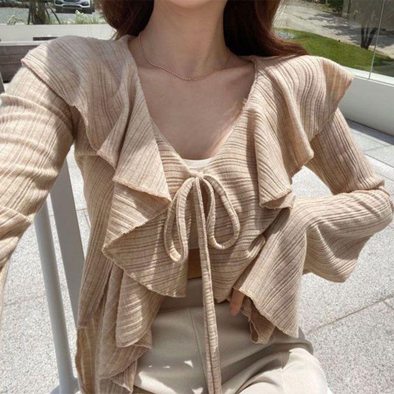 Korean Style Peter Pan Collar Ruffle Trim Cutout Bell Sleeve Top