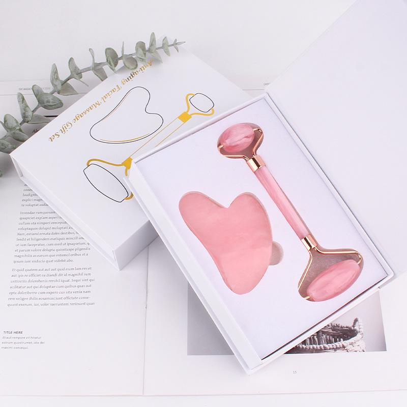 Pink Resin Facial Massage Set: Roller, Scraping Board & Tendon Stick