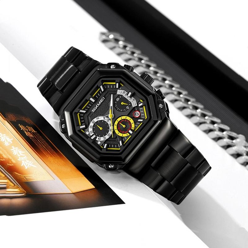 Skmei Luxury Stainless Steel Square Men Watch Chronograph Luminous Quartz Wristwatches Small Dial Work Male Waterproof Clock