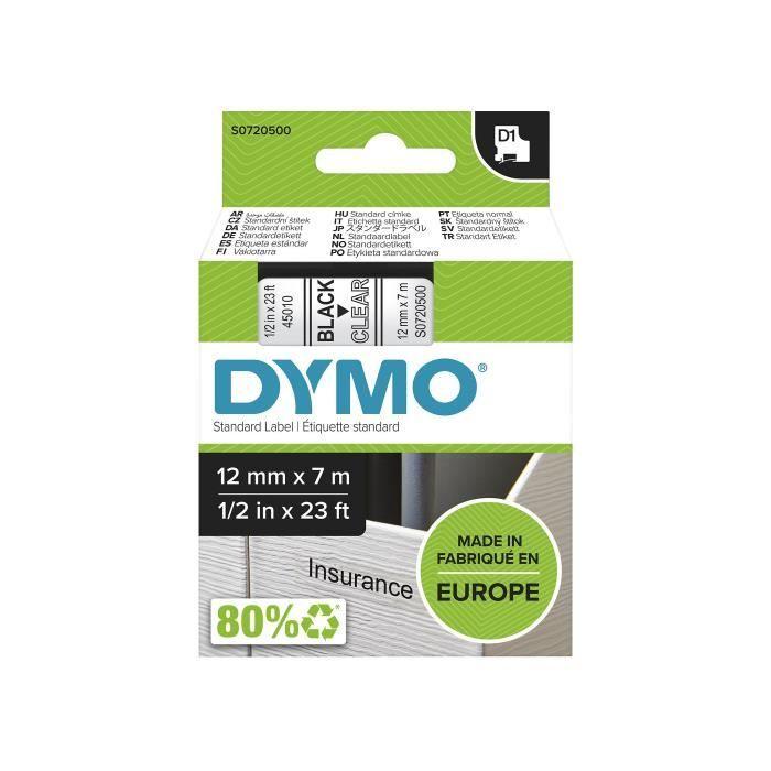 DYMO LabelManager cassette ruban D1 12mm x 7m Noir/Transparent (compatible avec les LabelManager et les LabelWriter Duo)