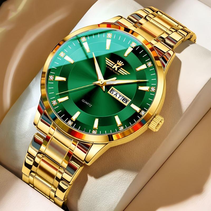 Top Brand New Men's Steel Band Waterproof Quartz Double Calendar Watch Luminous Scale Cross-Business Wristwatch