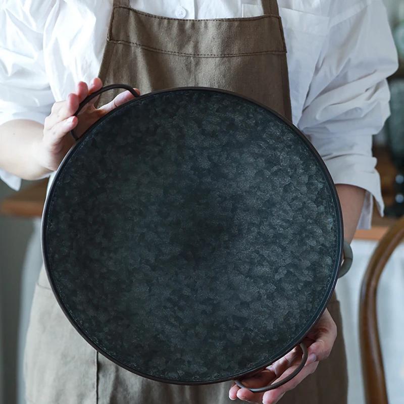 Retro Originality Home Storage Tray Metal Iron Art Binaural Plate Fruit Desserts Bread Delicious Food Photograph Decorate Prop
