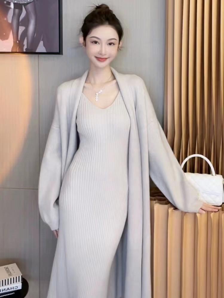 2024 Women's Autumn/Winter Knitted Dress & Sweater Cardigan Two-Piece Set - Medium & Long Lazy Style