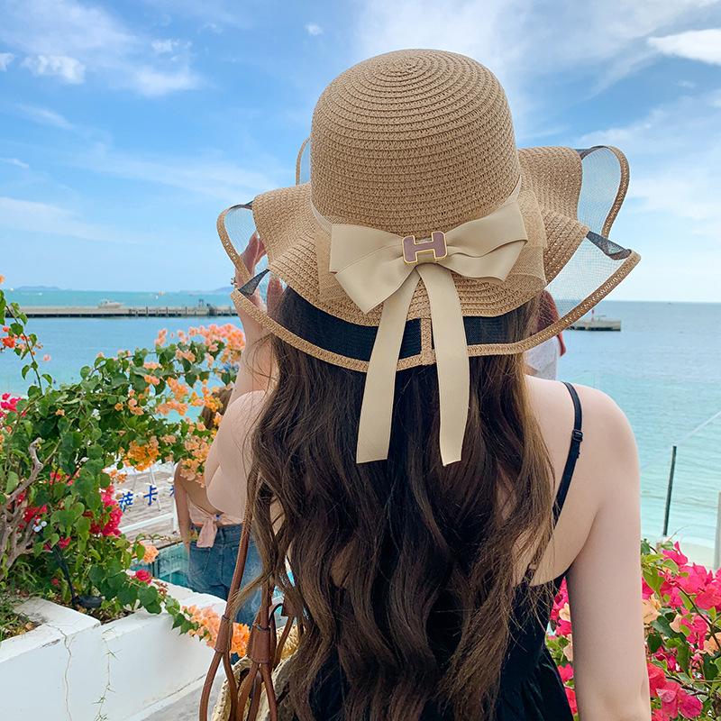 2024 Spring/Summer New Sun Hat with Ribbon Knot Decoration for Adult Straw Hat Sunscreen Beach Hat Elegant