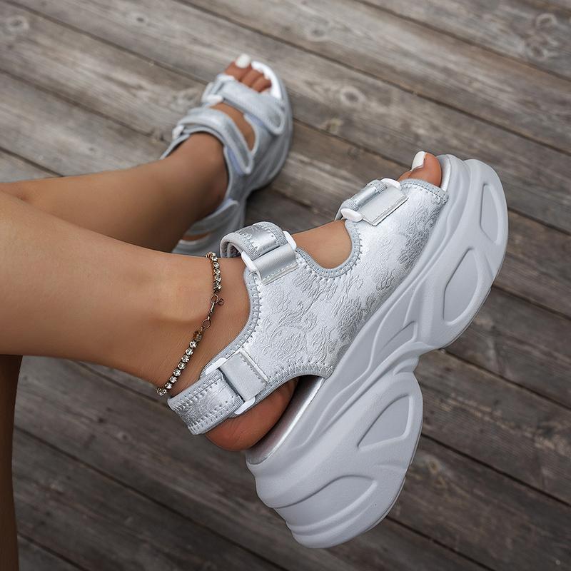 Silver Chunky Platform Sports Sandals for Women Summer Hook Loop Wedge Heel Sandals Woman Thick Bottom Casual Sandles