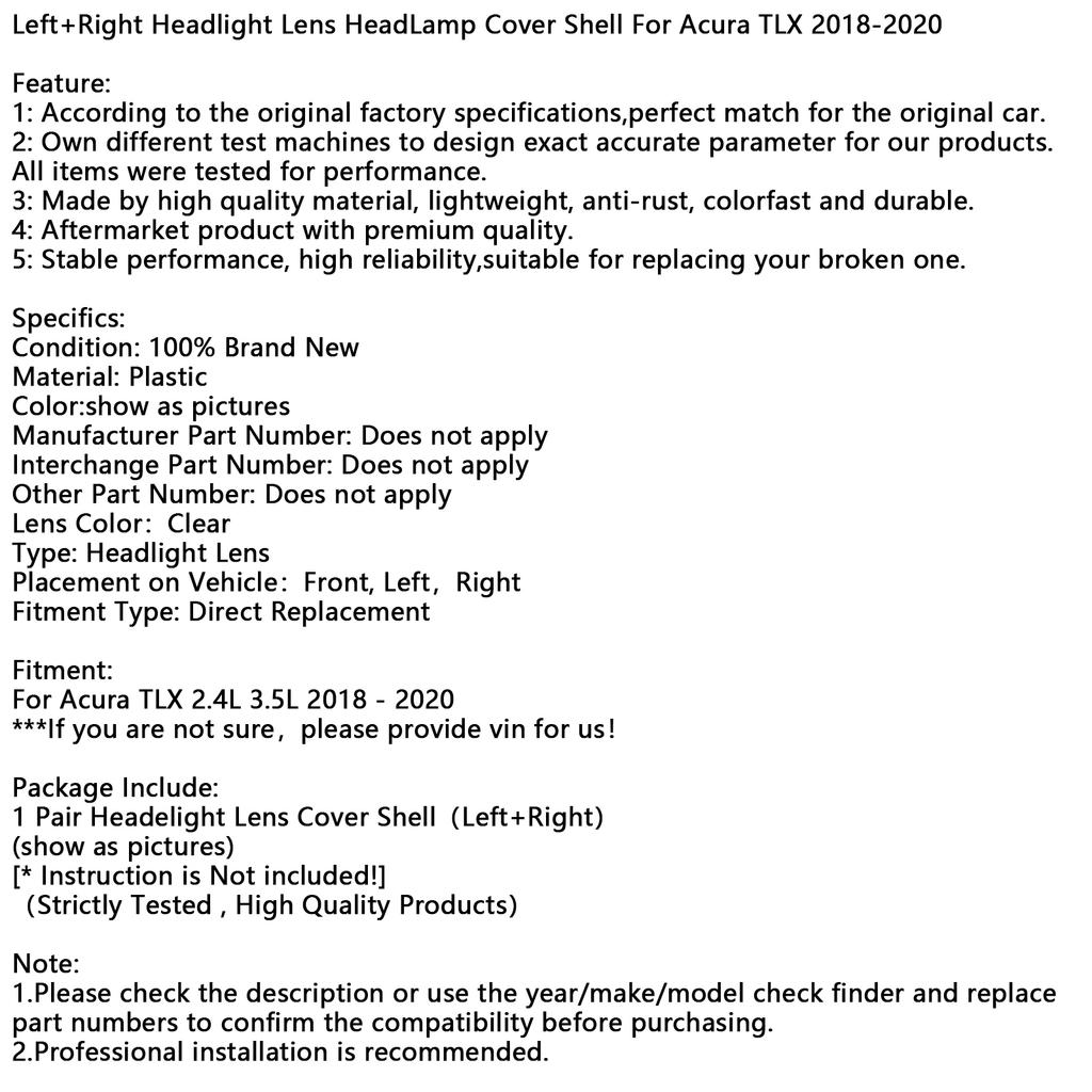 Left+Right Headlight Lens HeadLamp Cover Shell For Acura TLX 2018-2020