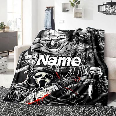 Custom Name Horror Movie Characters Blanket for Couch & Bed, Plush Cozy Fuzzy Blanket Super Soft & Warm Blankets for Fall and Winter. 0908139