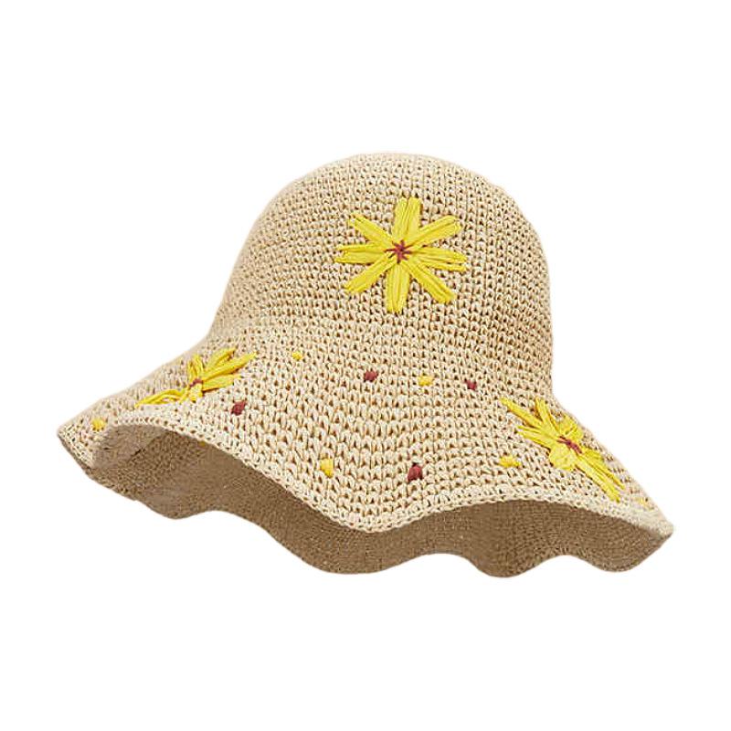 

Summer Hat Women Wide Brim Sunshade Sun Hat Breathable Sunscreen Beach Accessories Seaside Holiday Sunhat Foldable Flower New 56-58CM бежевий