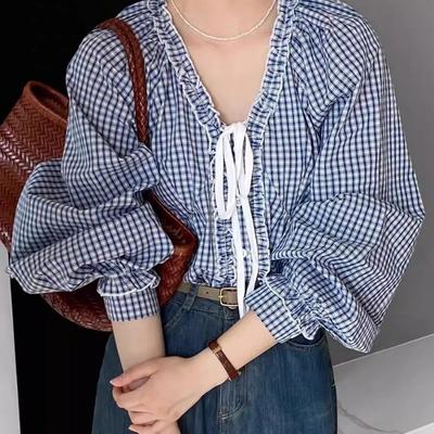 Blue Plaid Puff Sleeve Shirt Women's Spring and Autumn New Style V-neck Short Babydoll Top