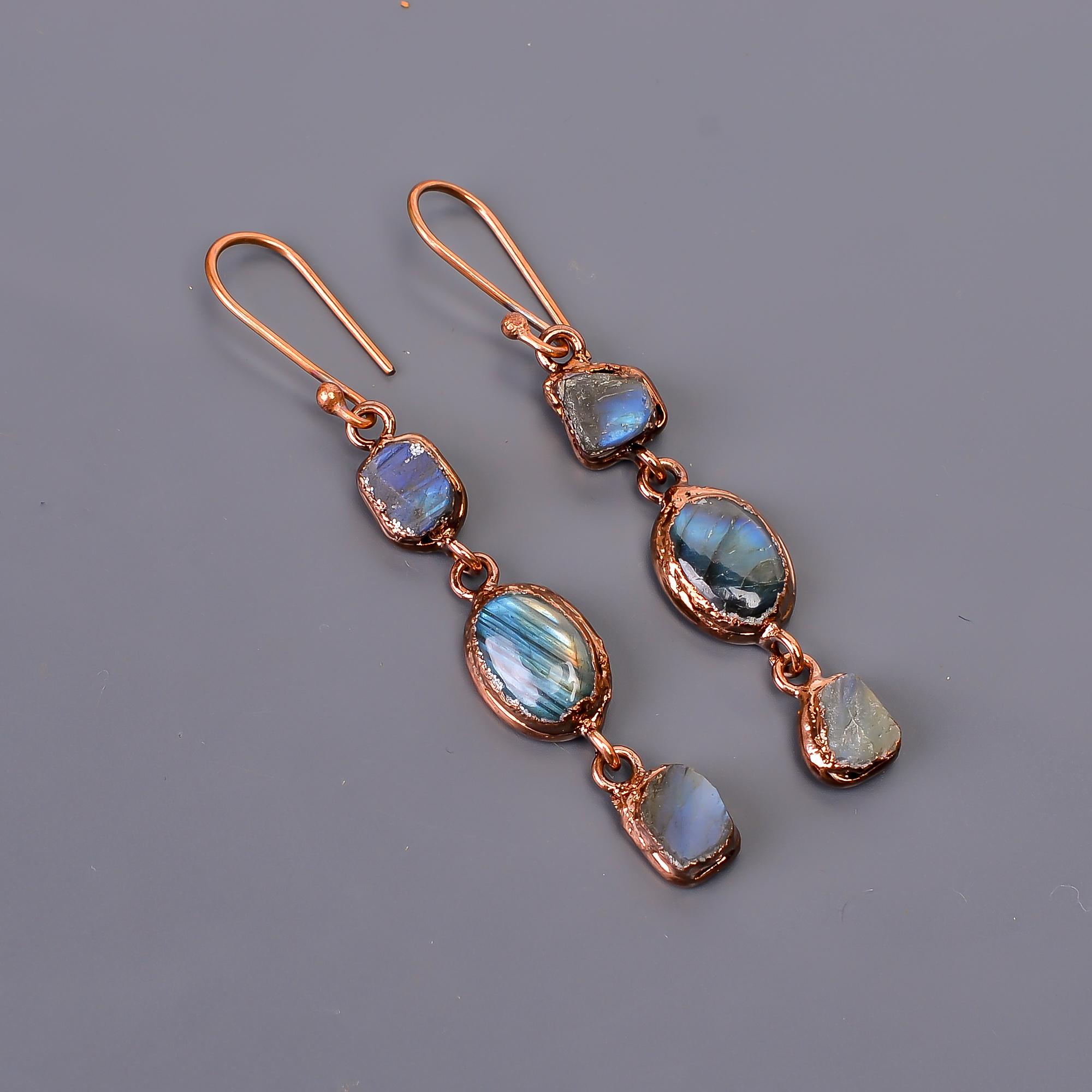 

Элегантные серьги из натурального лабрадорита с гальваническим покрытием, многоцветные серьги-капли, медные украшения, подарок на день рождения, серьги для любви разноцветный