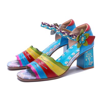 Echtes Leder Peep Toe Farbe Sandalen handgemachte Retro Mode Damen High Heels Schuhe