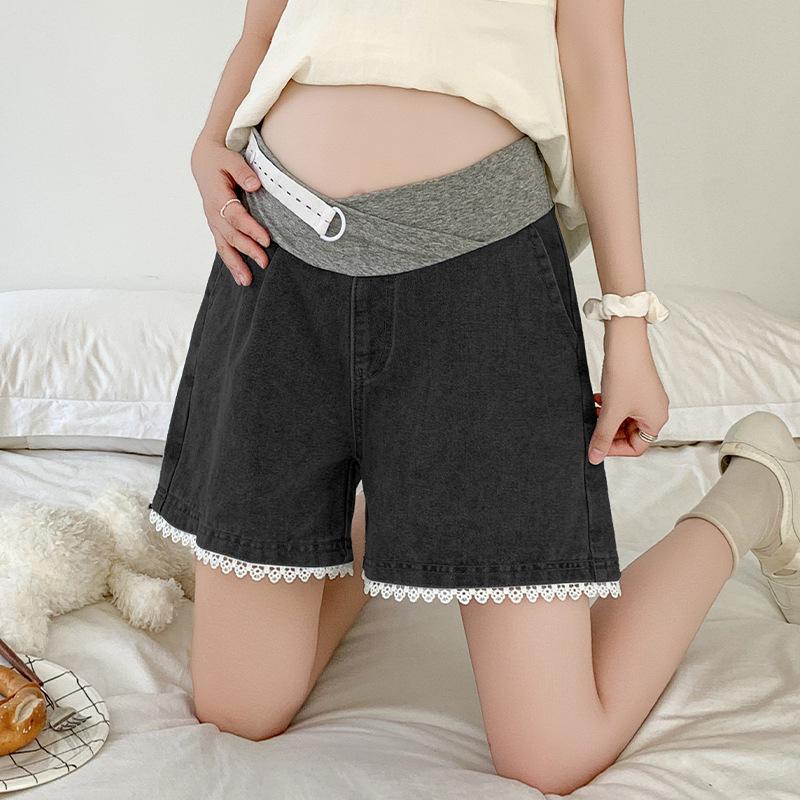 Maternity Lace Denim A-line Shorts - Sweet, Spicy, Loose Fit, Plus Size, Women’s Summer Wide-Leg Hot Pants L