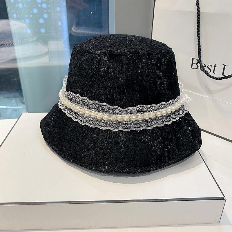 Spring and summer breathable retro pearl bucket hat women's breathable fashion versatile lace basin hat shopping sun hat versatile