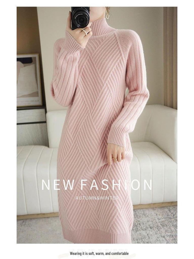 Women's Mid-Length High-Neck Wool Knit Sweater Dress for Autumn/Winter 2025 - Thickened Inner Layer