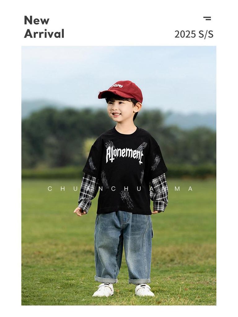 Nausicaa Spring 2025 Plaid Faux Two-Piece Letter T-Shirt for Boys – Trendy Korean Style