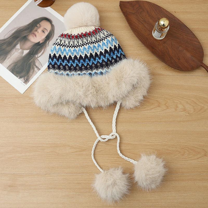 

Этнический стиль Пушистая теплая шапка Женская зимняя плюшевая утолщенная шапка с помпоном Холодная шапка для улицы Лыжная шапка one size