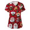 Women's V-neck Christmas printed short-sleeved pocket side-slit protective suit top