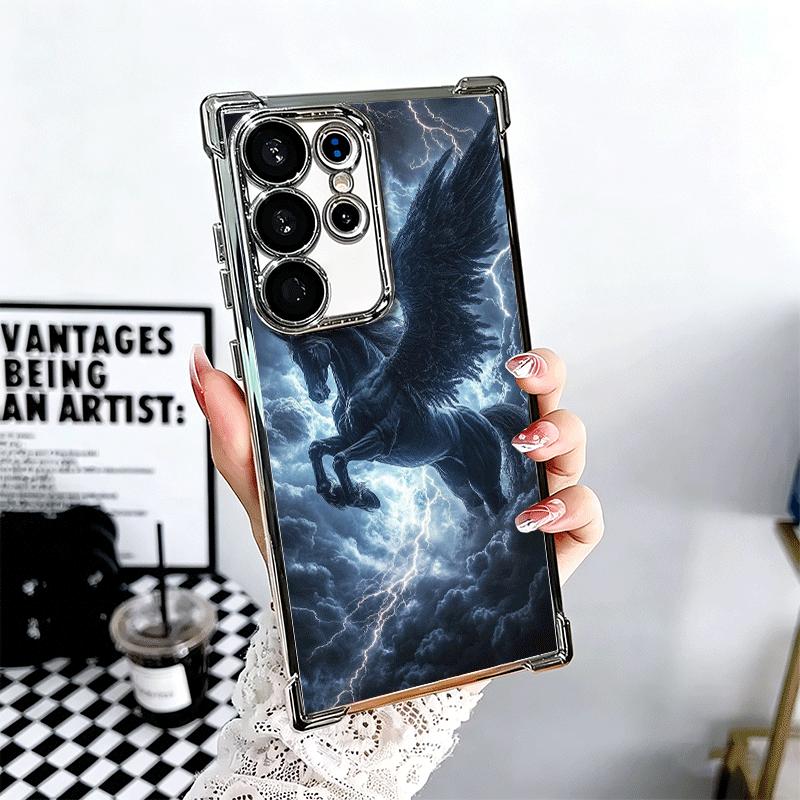 

Black Horse Galloping Plating Phone Case For Samsung Galaxy S24 S25 FE S26 Edge S23 Ultra S22 S21 Plus S20 Anti-Fall Airabag Cov Samsung S25