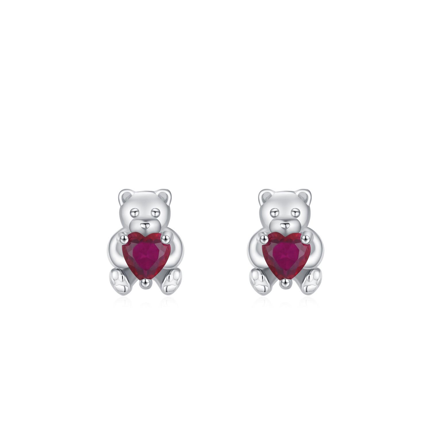 

Sterling Silver Cartoon Heart Bear Stud Earrings with Red Corundum Zircon for Women S925 Silver