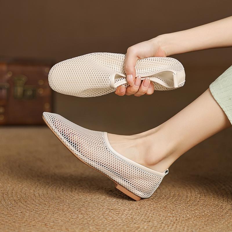 Fashion Women's New Genuine Leather Cowhide Spring and Summer Breathable Net, Low Heel Round Toe Oversized D Casual Single Shoe