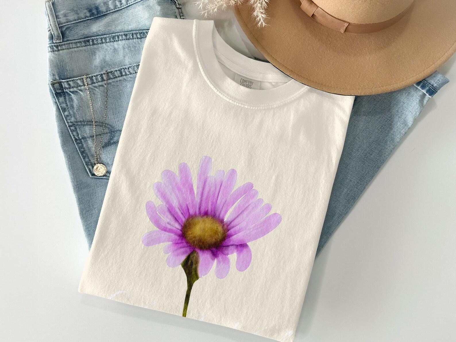 Watercolor Purple Daisy T-Shirt, Botanical Floral Top, Nature Lover Gift 4XL