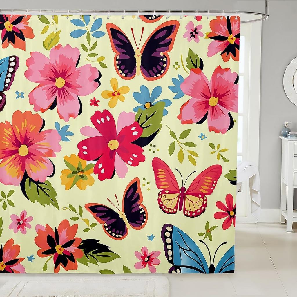 Cartoon Sheep Bath Curtain Cute Farm Animal Shower for Kids Boys Girls,Pink White Flower Floral Bathroom Curtain Botanical