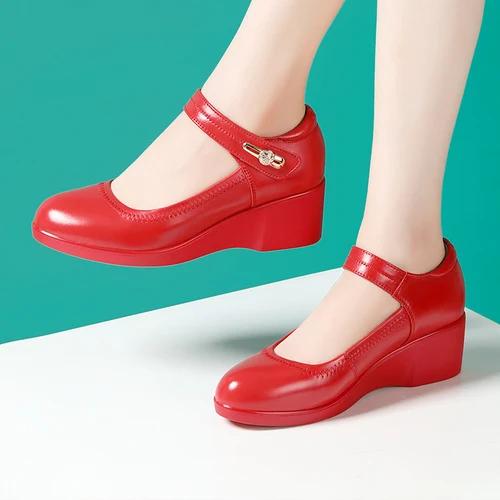 

5cm Comfortable Med Heels Platform Wedges Shoes for Women 2025 Shallow Genuine Leather Wedding Shoes Red for Office Mom Dance 34