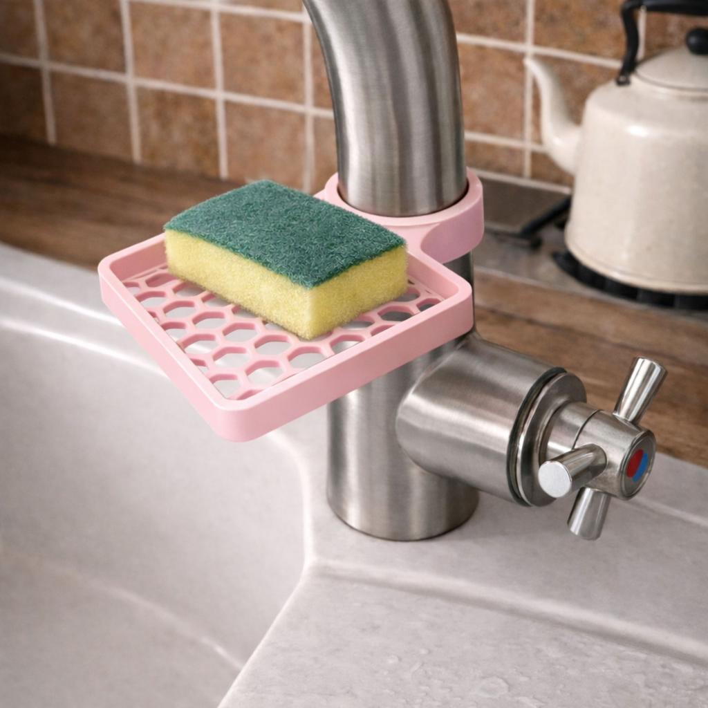 Sponge holder for faucet, pink vented sink organizer