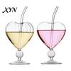 Handheld Spherical Base Goblet Heart Shaped Cocktail Glass, 220ml Clear with Straw, Elegant Glassware for Sparkling Water Cold Drink Cup, Stylish