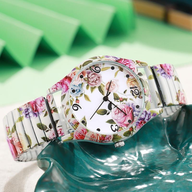 Montre Mode Couleur Imprimée Bracelet Élastique Montre Dame