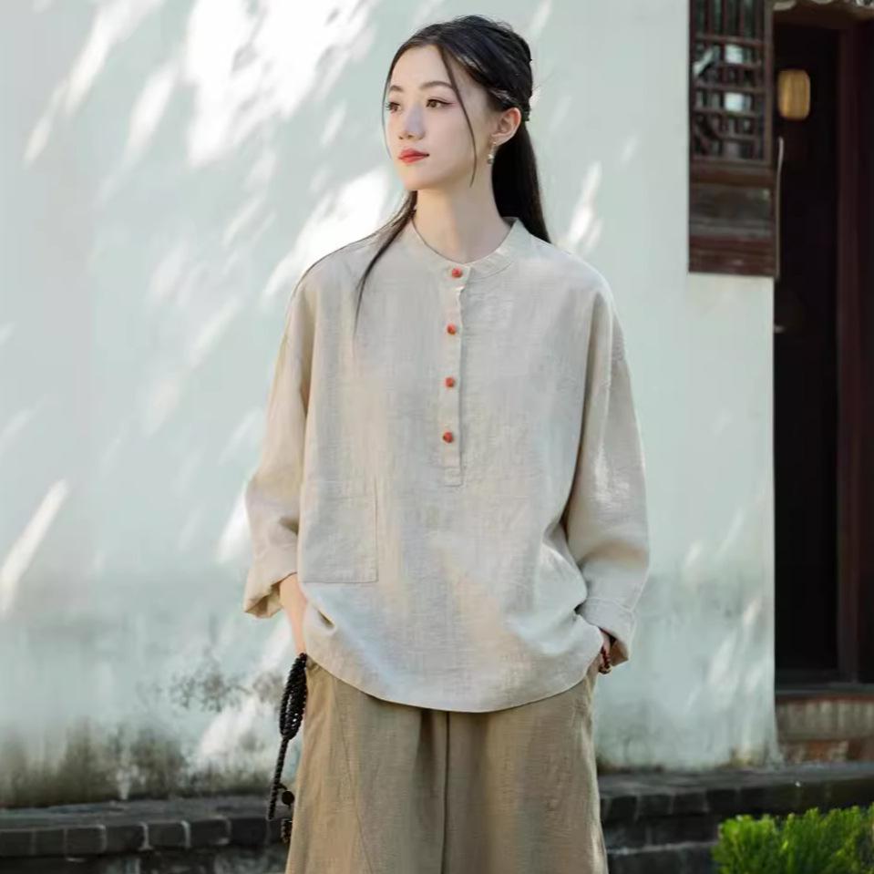 Women's Cotton Linen Zen Meditation Suit with Frog Button Shirt