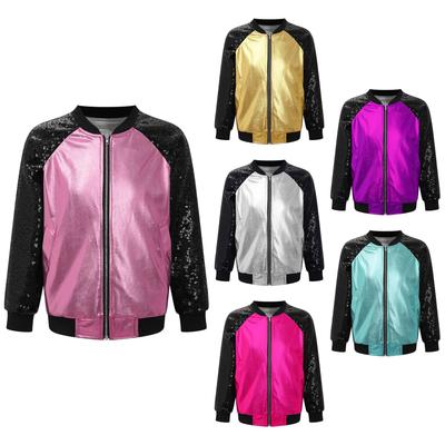 Kids Girls Shiny Sequins Long Sleeve Zipper Jacket Outerwear Jazz Hip Hop  Dance Performance Coat