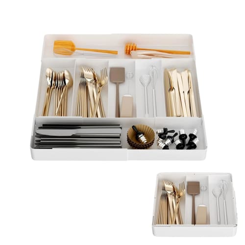 East Leaf Cutlery Case, Extendable, 4-Sided, Cutlery Storage Tray, Desk Tray with Drawers and Dividers, Storage Case for Small Items, Desk, Kitchen, a