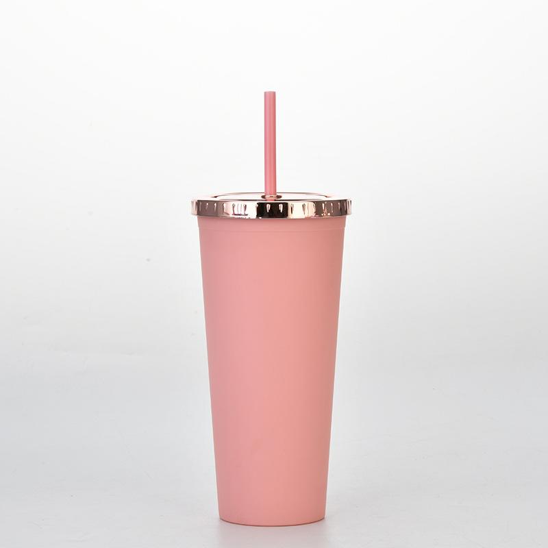 Plastic Water Cup Fashionable Rose Gold Cover Matte Multi-Color Double-Layer Plastic Straw Cup