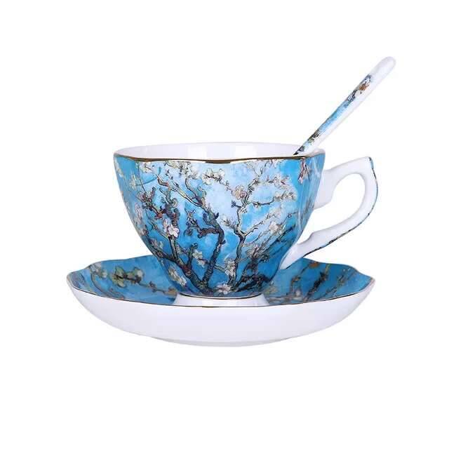 Bone Ceramics Van Gogh Art Painting Starry Night Sunflowers Sower Iris Saint-remy Tea Cups Mugs Coffee Cup Saucers Spoons Set