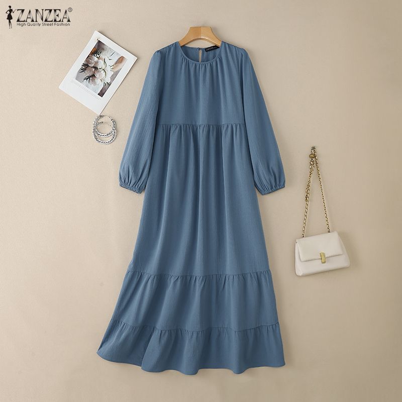 ZANZEA Women Casual Round Neck Solid Color Loose Long Sleeve Long Dress