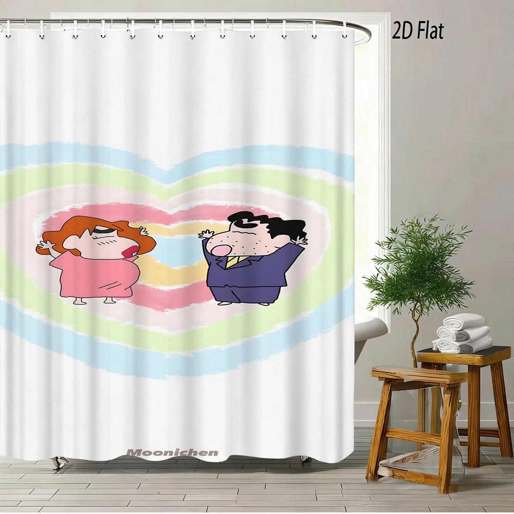 Crayon Shin-Chan Ufo & Shiro 2D Print Waterproof Shower Curtain, Green Anime Bathroom Decor With Hooks