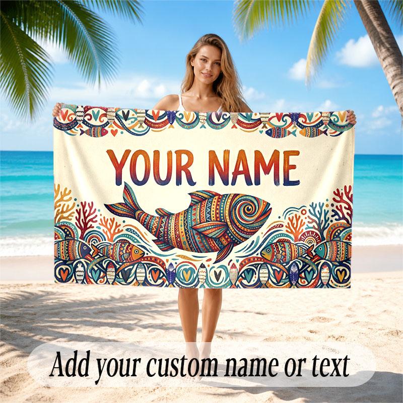 Fish Ocean Theme Beach Towel Personalized Custom Name & Text Soft Quick Dry Beach Towel for Swimming Travel