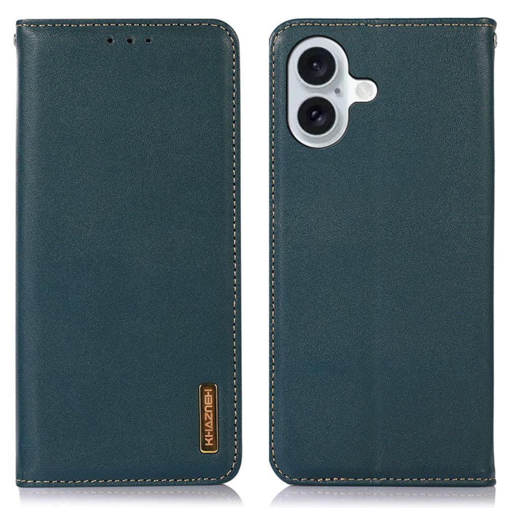 

For iPhone 16 Case RFID Blocking Genuine Cow Leather Wallet Flip Folio Phone Cover Green