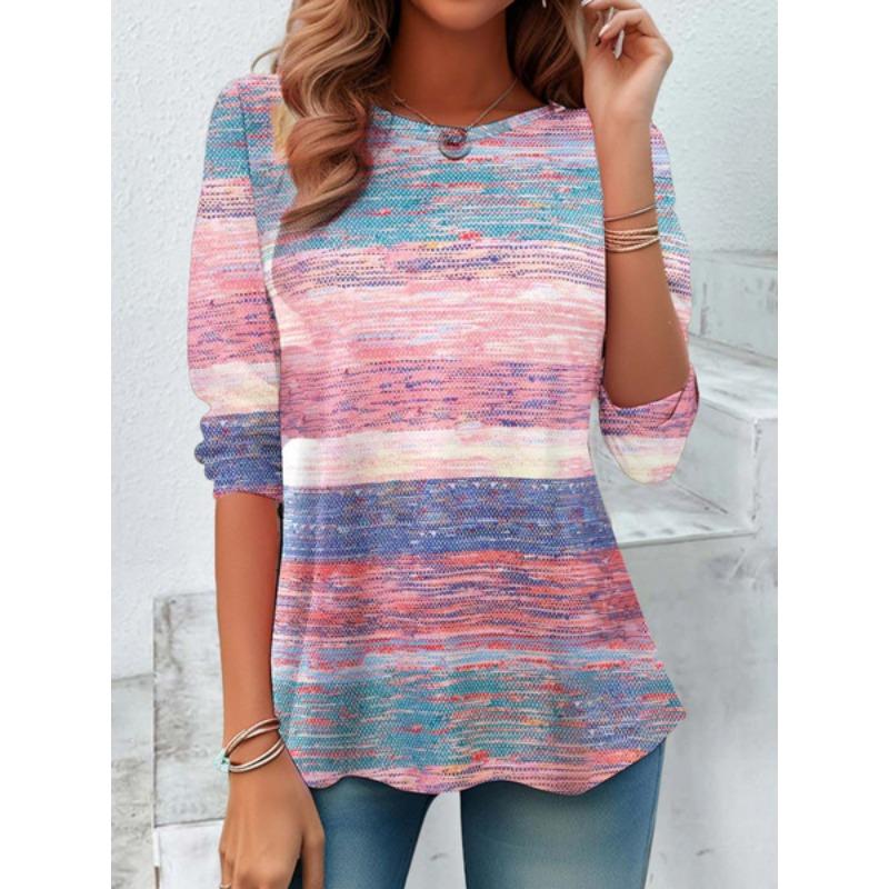 Round Neck 3D Flower Geometry Pattern Printed Top Fashionable Casual Long Sleeved Women's T-shirts