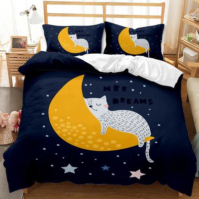 Kids Cat Duvet Cover Queen Size,Cartoon Kitten Sleeping On Crescent Moon Stars Night Dreams Polyester Comforter Cover for Kids