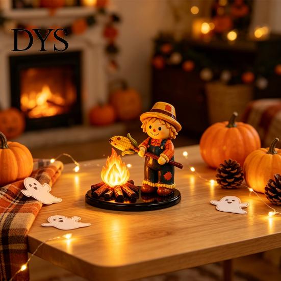 Collectible Fall Atmosphere Sculpture Halloween Campfire Tealight Holder, Matte Resin Ghost Mummy Scarecrow Figurine, Stable Night Light Round