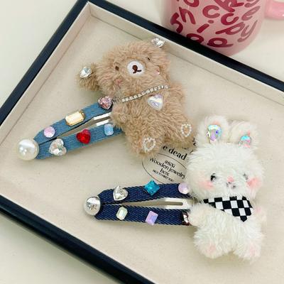 1pc Cute Plush Bunny Bear Cowboy Hair Clip with Colorful Diamond Sweet and Sour Girl Large Hair Clip Hair Accessory