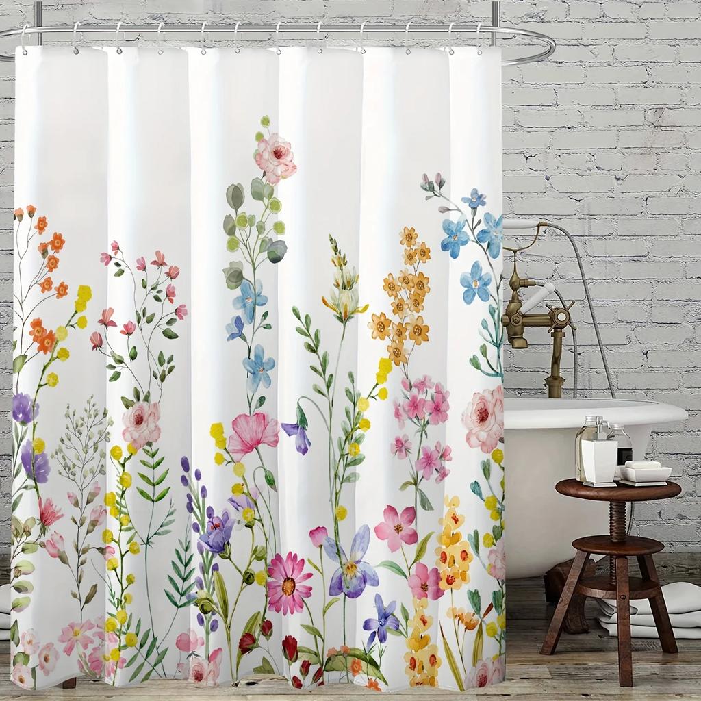 1Pc 180X180Cm Water-Resistant Floral Shower Curtain - Polyester, 12 Hooks, All-Season, Machine Washable, Flower Pattern