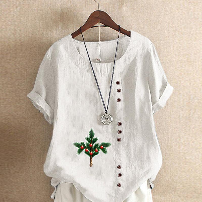 Women's Fashion Round Neck Short Sleeve T-shirt Casual Cotton Linen Graphic Shirt Jingling Bell Prined Summer Blouse Tops Plus Size