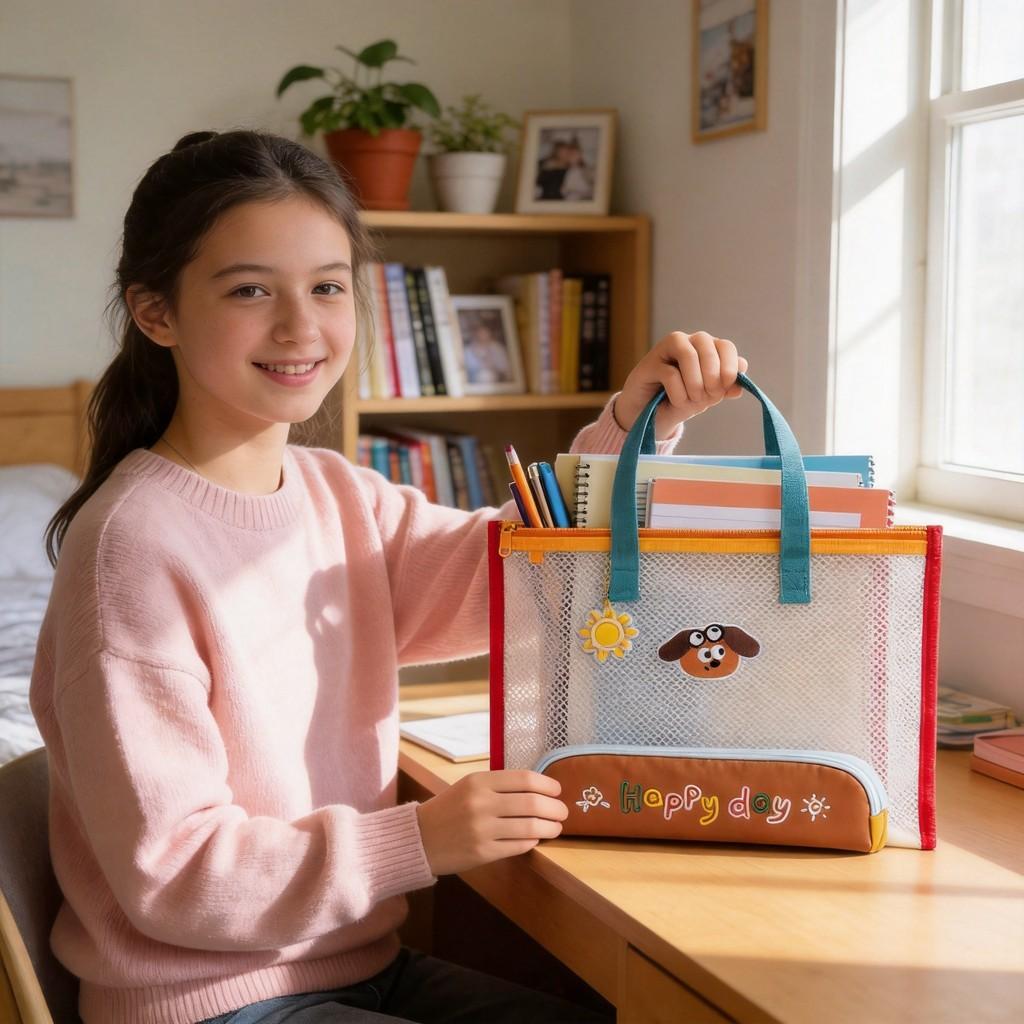 Cartoon Mesh Document File Bag With Handle For Office And School Use
