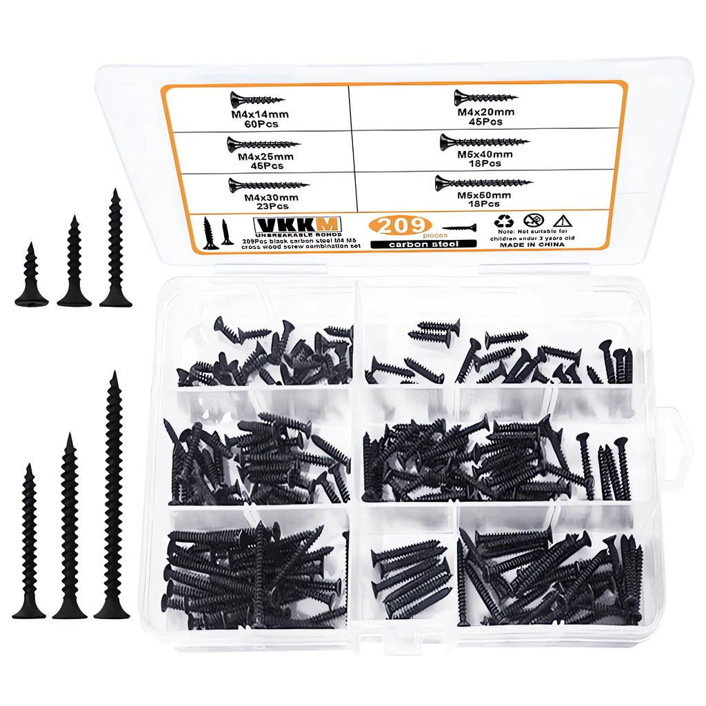 209Pcs Black Wood Screw Combination, M4M5 Cross Wood Screw Set