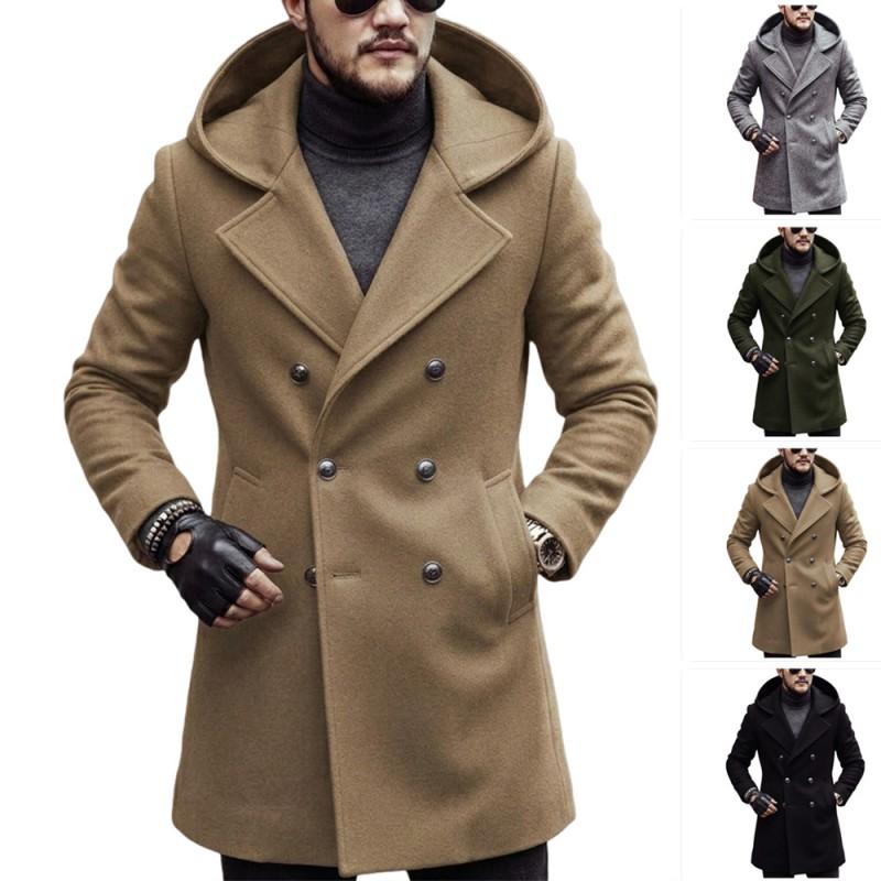 Mens Mid-length Wool Blend Coat Hooded Double Breasted European Fit Solid Color Fall Winter 2026
