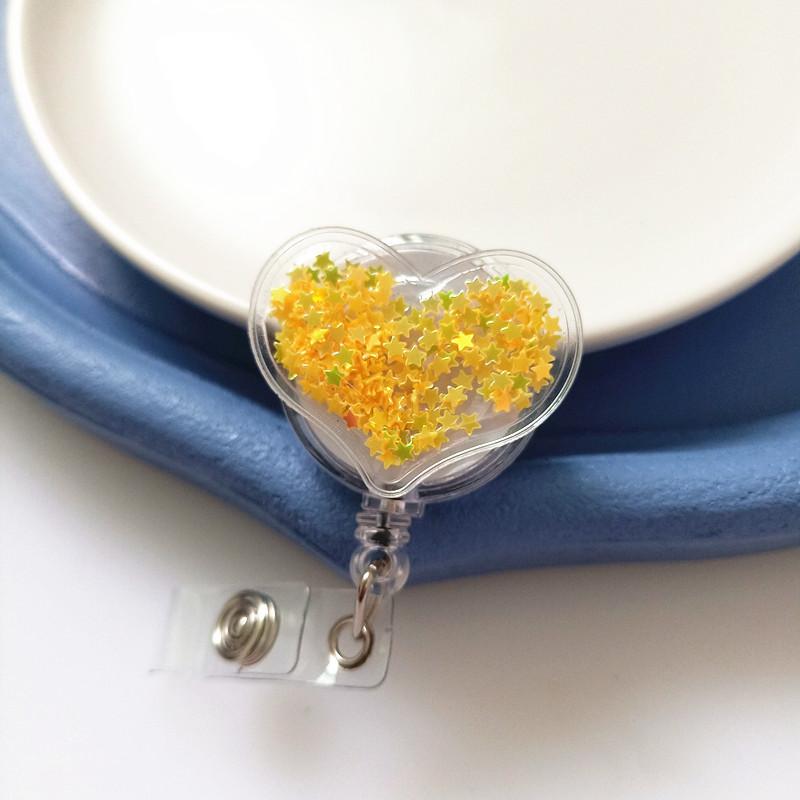 New Style Name Tag with Cartoon Snap Fastener  Elastic Snap Fastener  Flowing Sand Heart Resin Work ID Card Hanging String Clip  Clip Holder